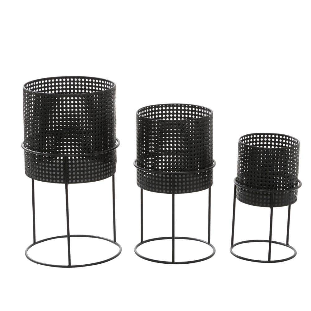 Set of 3 Black Metal Perforated Cylinder Floor Planters