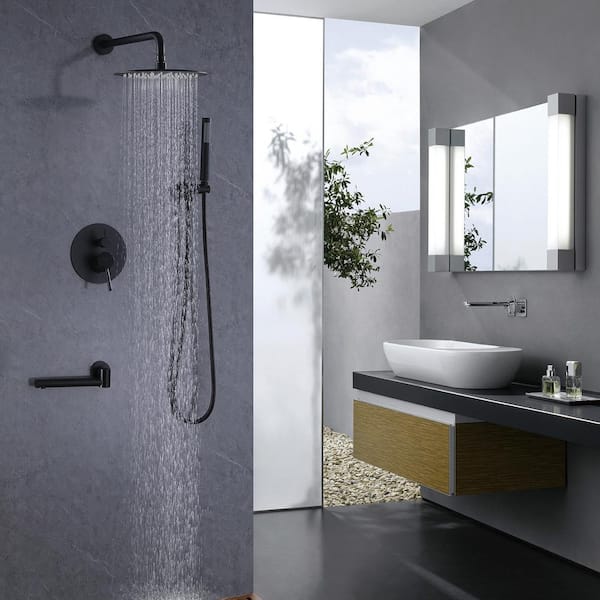 Single-Handle 3-Spray Round High Pressure Tub and Shower Faucet in Black (Valve Included)
