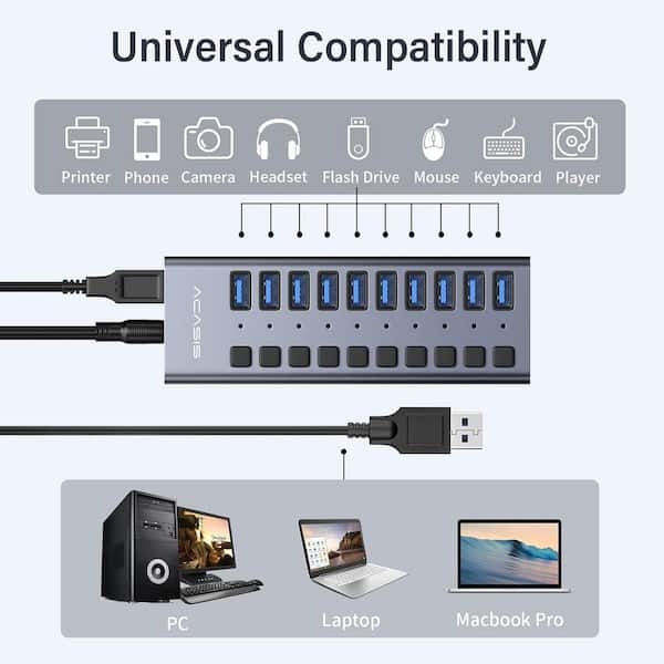 Powered USB 3.0 Hub, Wenter 11-Port Hub Splitter (7 Faster Data Transfer  Ports+ 4 Smart Charging Ports) with Individual LED On/Off Switches, Power