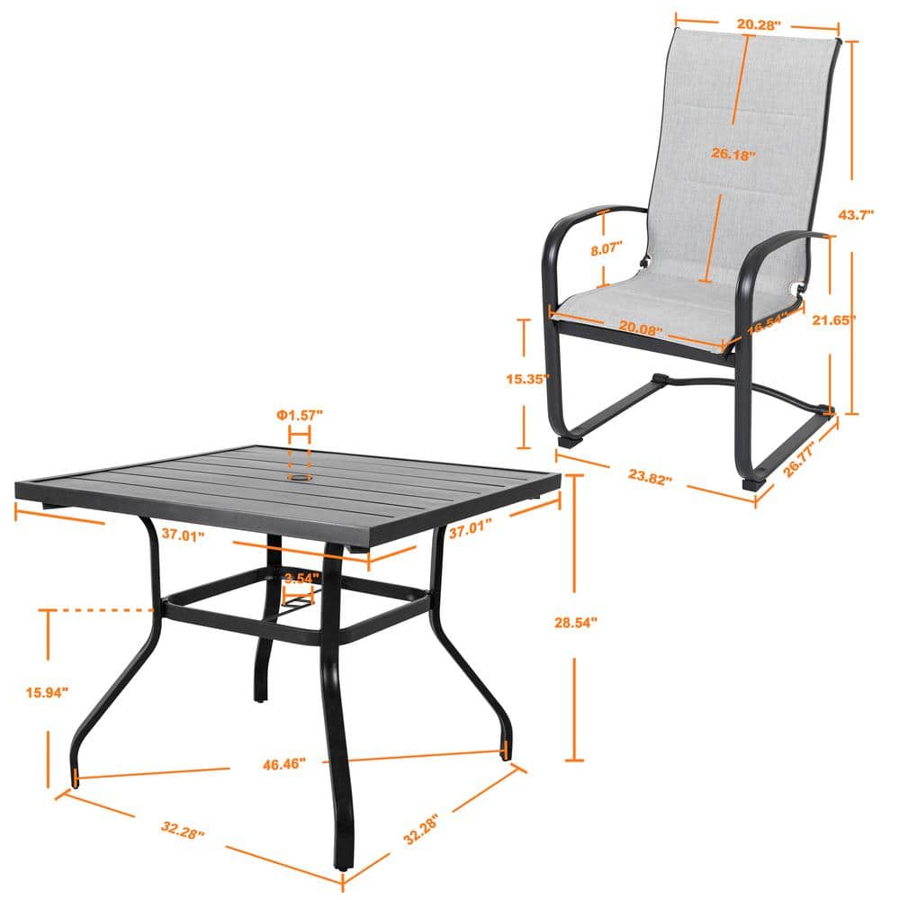5-Piece Black and Gray Iron Outdoor Dining Set with Armchairs