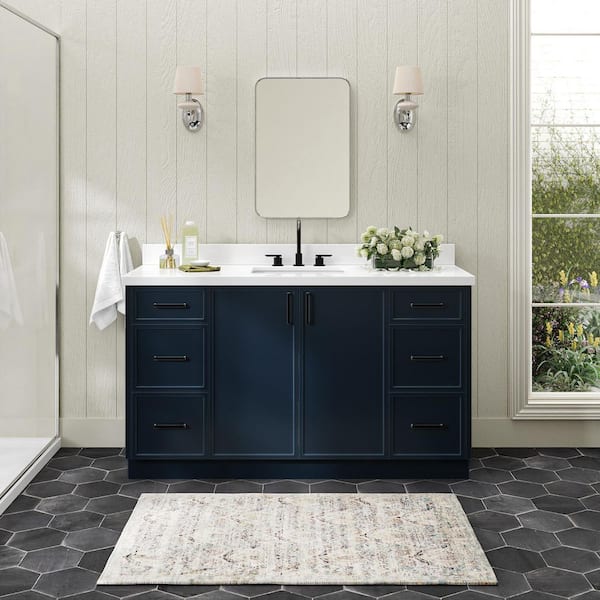 ARIEL Kelly 60 in. Single Sink Freestanding Bathroom Vanity in Midnight Blue with Pure White Quartz Top
