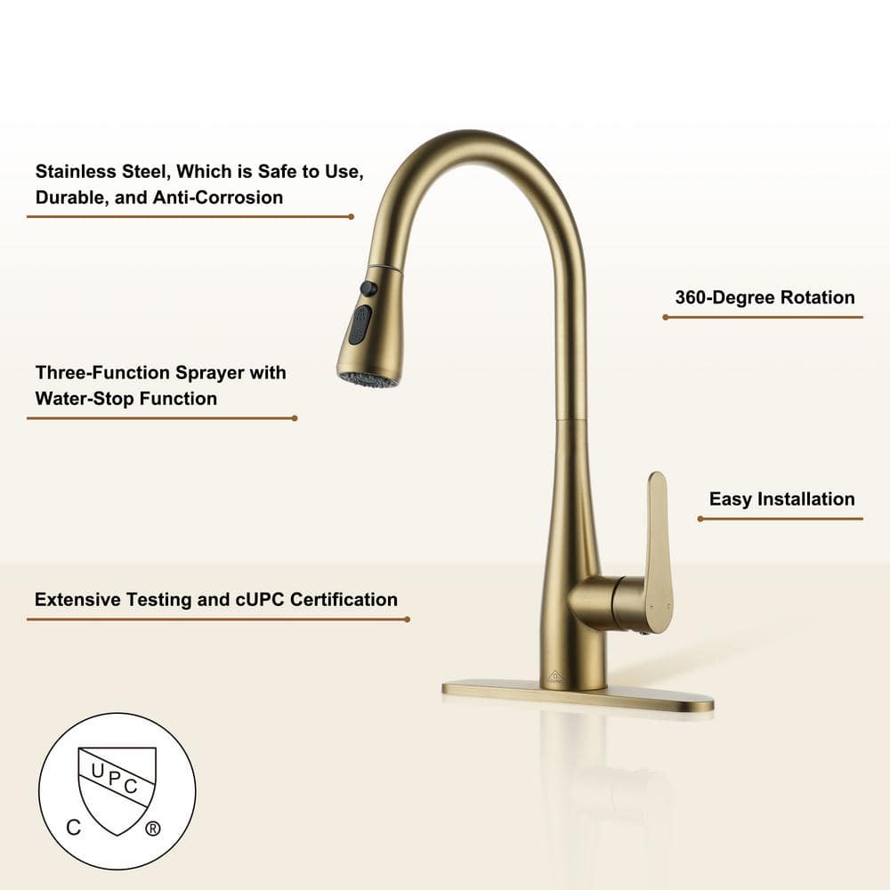 Brushed Gold Stainless Steel Pull-Out Spray Kitchen Faucet