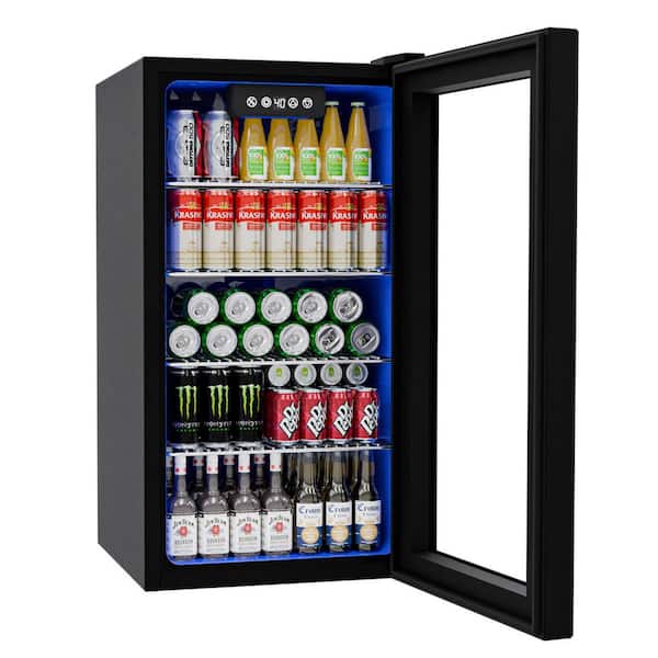 15.35 in. Single Zone 130-Cans Freestanding/Countertop Beverage and Wine Cooler in Black, Dual-layer Door