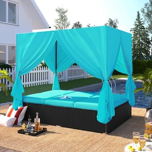 Wicker Outdoor Sunbed Day Bed with 4-Sided Canopy and Adjustable Seats, Wicker Patio Sofa with Blue Cushion