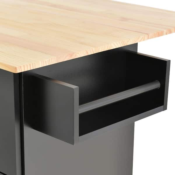 Runesay Black Rolling Mobile Kitchen Island with Solid Wood Top and Locking Wheels Storage Cabinet Drop Leaf Breakfast Bar