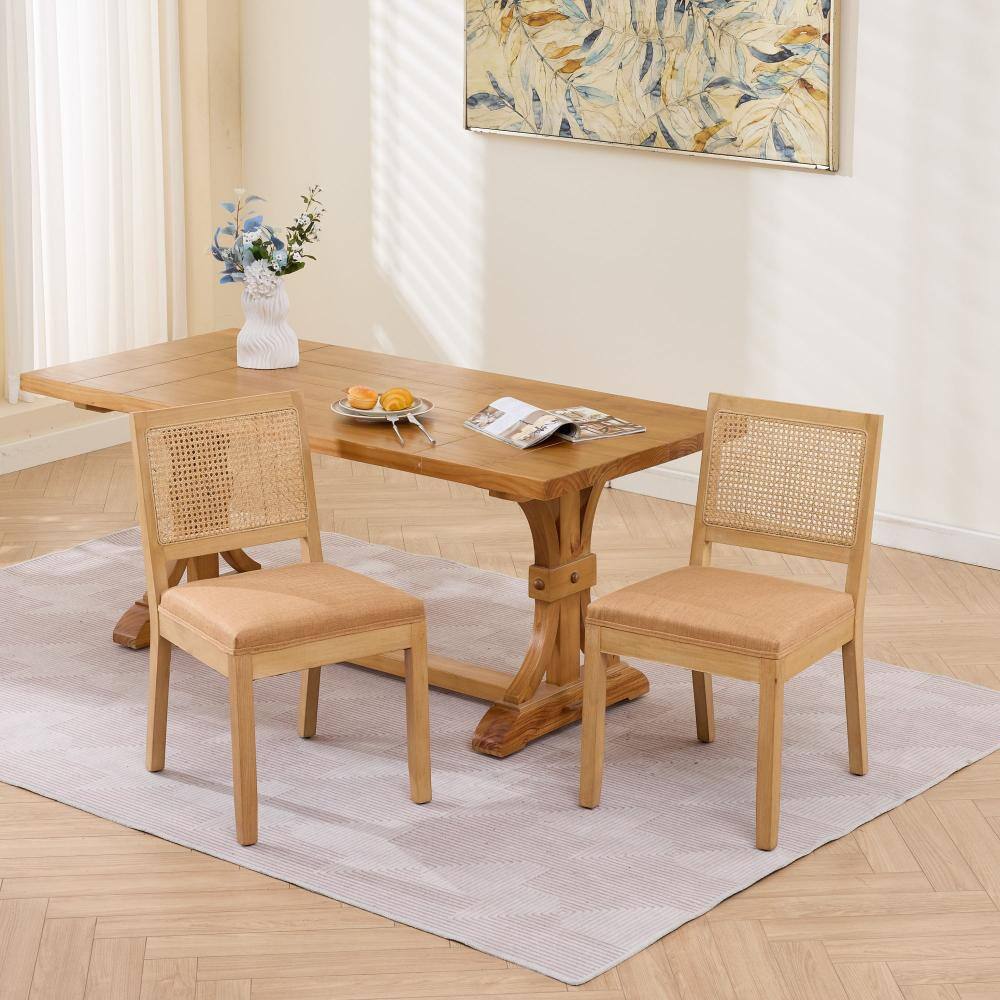 Tan Set of 2 Farmhouse Rattan Upholstered Dining Chairs with Natural Hardwood Frame price history on PriceWatchPro