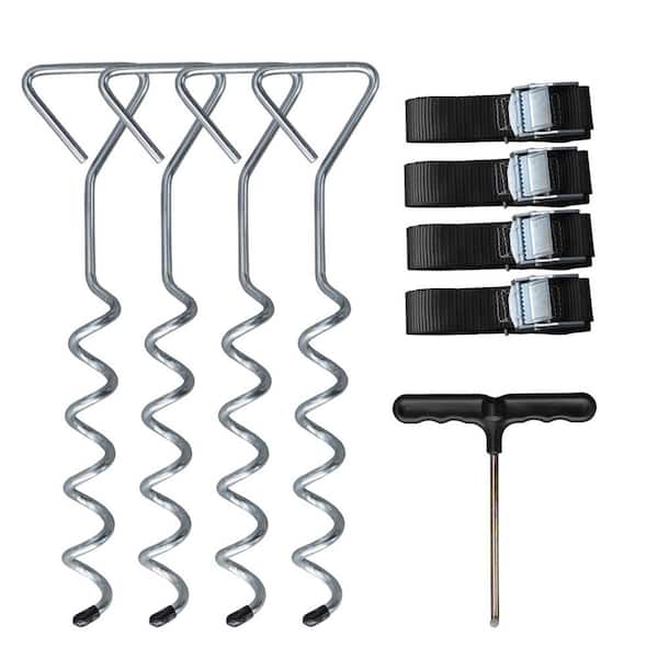 16 in. Heavy Duty Spiral Trampoline Anchor Stake Kit Ground Anchors For Garden Stake, Steel, Silver (4-Pack)