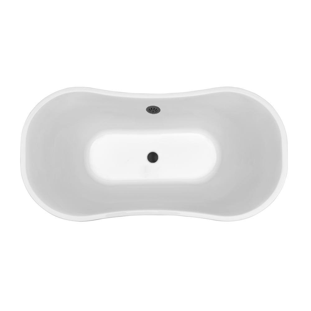 60" Glossy White Freestanding Acrylic Soaking Bathtub with Matte Black Drain