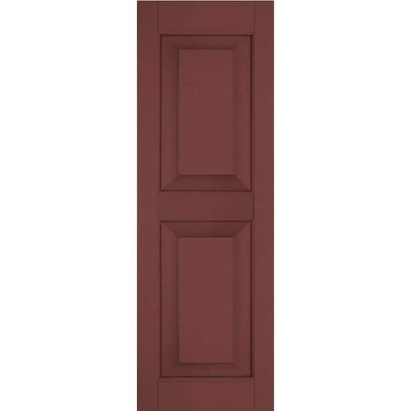 Ekena Millwork 15 in. x 27 in. Exterior Real Wood Sapele Mahogany Raised Panel Shutters Pair Cottage Red