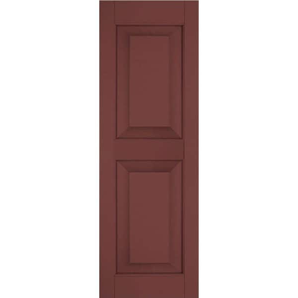 Ekena Millwork 18 in. x 35 in. Exterior Real Wood Sapele Mahogany Raised Panel Shutters Pair Cottage Red