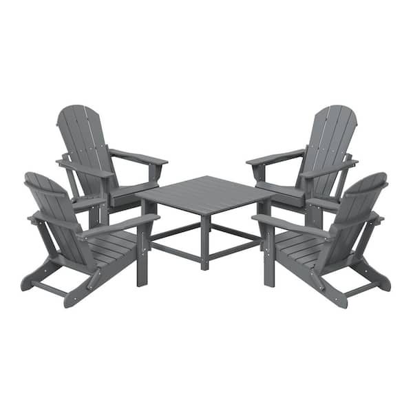 Laguna Gray Plastic Weather Resistant Adirondack Chair 5-Piece Outdoor Patio Conversation Set, Square Coffee Table