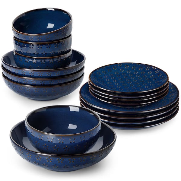 16-Piece Blue Stoneware Dinnerware Set Service for 4-Embossed Star-shape Floral Pattern Bowls and Plates Set