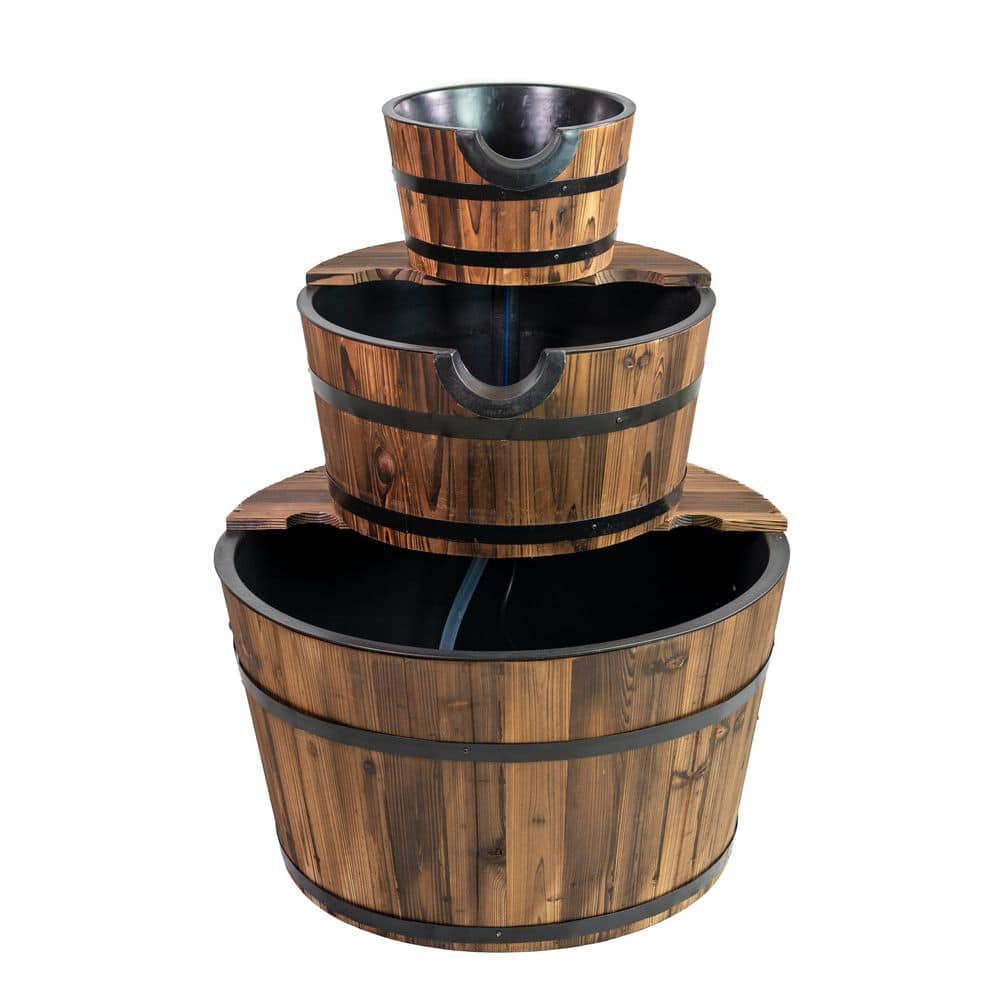 30-Inch Rustic Fir Wood 3-Tier Barrel Outdoor Fountain