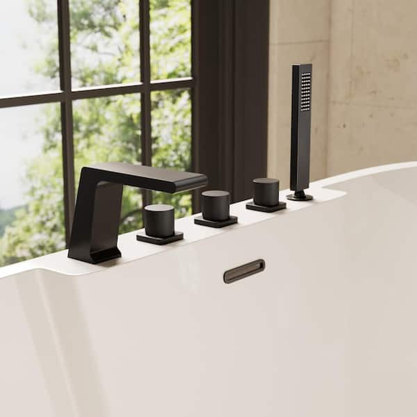GRANDJOY Bathtub Faucet 3-Handle Deck Mount Roman Tub Faucet with Handheld in. Matte Black Valve Included