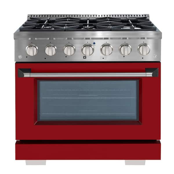 Ancona 36 in. 5.2 cu. ft. Gas Range with 6 Burners and Convection Oven in Stainless Steel with Matte Red Door