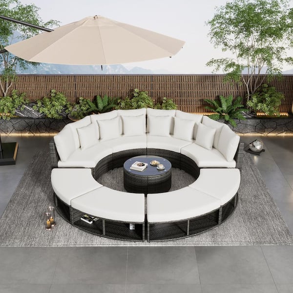 Polibi 9-Piece Wicker Patio Conversation Set with Beige Cushions, Sectional Sofa Lounge Set with Coffee Table, 4-Pillows
