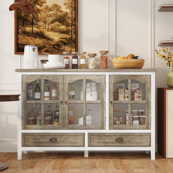 FUFU&GAGA White and Wood Grain 55.1 in. W Sideboard, Storage Cabinet, Food Pantry, TV Console with 4-Shelf, 3 Glass Doors 2-Drawer