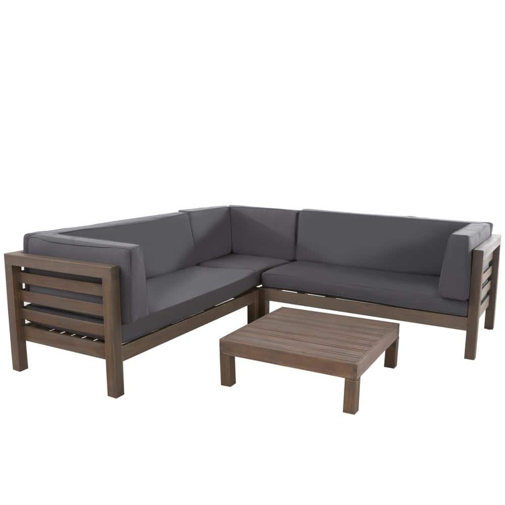 Oana gray 4-Piece Wood  Outdoor Patio  Sectional Set with Dark gray Cushions -  Noble House, 55319