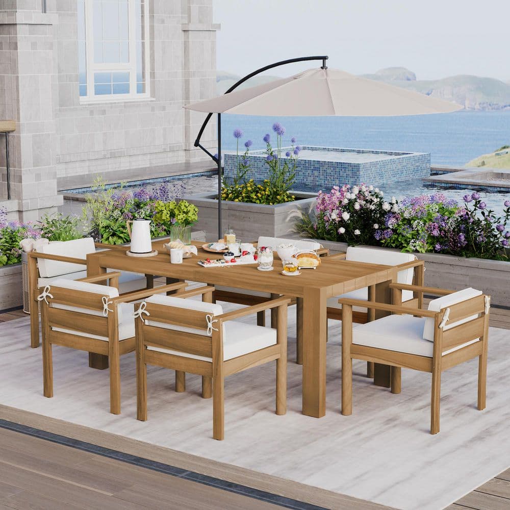 7-Piece Light Teak Wood Outdoor Dining Set with Beige Cushions for Backyard