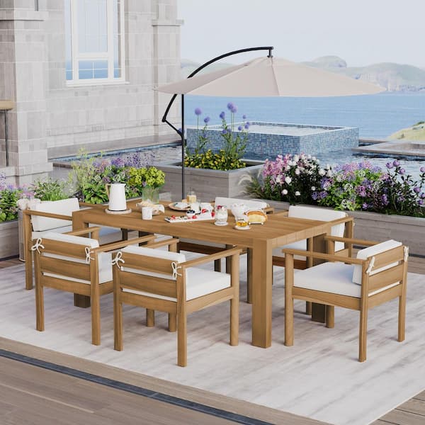 Unbranded 7-Piece Light Teak Wood Outdoor Dining Set with Beige Cushions for Backyard
