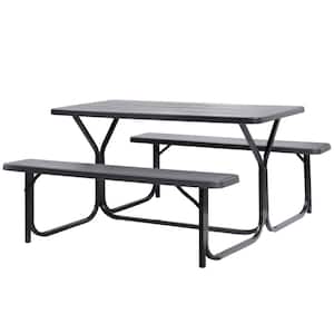 Woodgrain Plastic and Metal Frame Steel Gray Outdoor Picnic Table Set