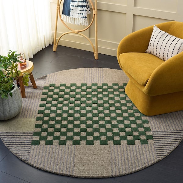 Genre 6 ft. x 6 ft. Gray/Green Check Round Rug