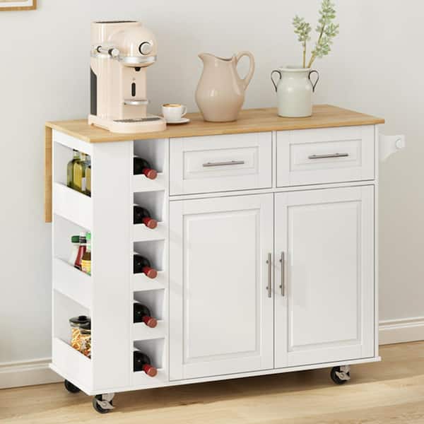 FAMYYT Multi-Functional White Drop Leaf Rubberwood Tabletop 46.5 in. Kitchen Island with Wine Rack and Adjustable Shelf