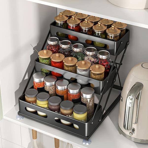 3-Shelf Iron Foldable Spice Rack for Kitchen, Seasoning Organizer for Cabinet, Spice Rack Countertop, Black