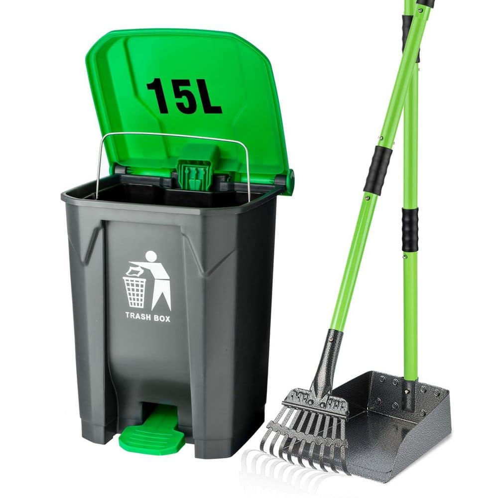 Misopily Garden Tool Set Dog Poop Trash Can with Removable Inner Bucket, Pooper Scooper, Metal Tray and Rake