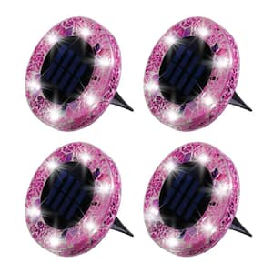 Mosaic Disk Lights Solar Powered Pink LED Path Light with Mosaic Glass Top 4-Pack