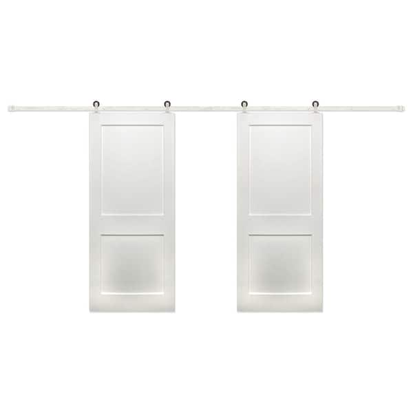 72 in. x 84 in. Bi-Part Prime 2-Panel Shaker Wood Sliding Barn Door with Satin Nickel Top Hanger Hardware Kit