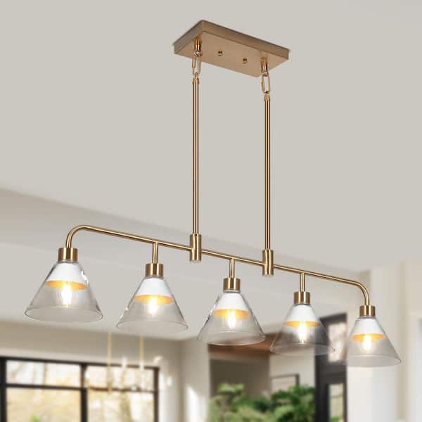 35.5 in. 5-Light White Kitchen Island Chandelier, Mid-Century Modern Plated Gold Bell Linear Chandelier Light Fixture