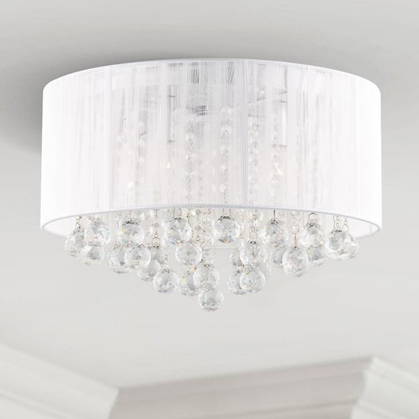 Merra 16 in. 4-Lights Chrome Crystal Chandelier Flush Mount Fixture with White Coiled Shade