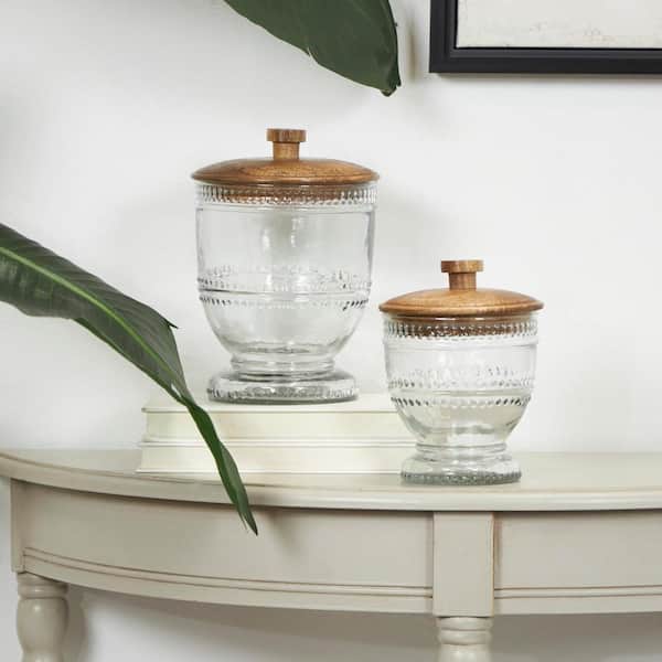 Litton Lane Clear Glass Beaded Decorative Jars with Wood Lids (Set of 2)