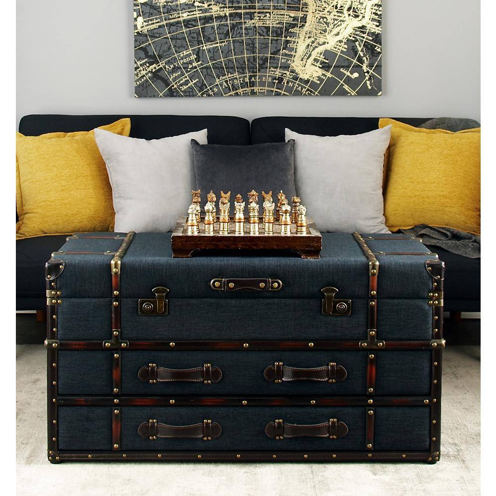 Dark Blue Linen Upholstered Trunk Coffee Table with Storage