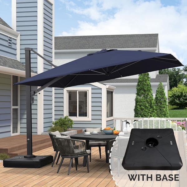 11 ft. Square Large Outdoor Aluminum Cantilever 360-Degree Rotation Patio Umbrella with Base, Navy Blue