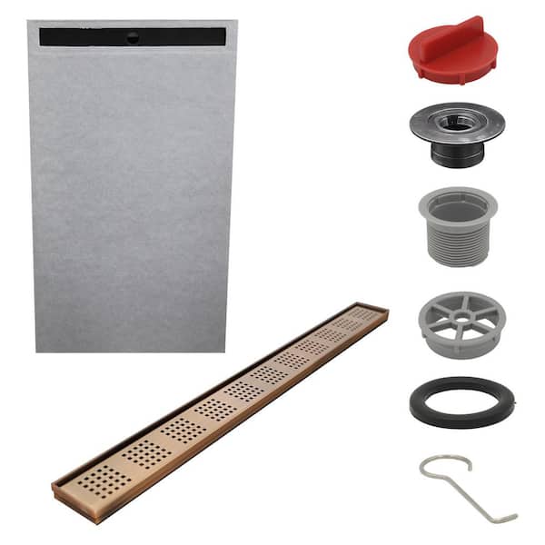 Everbilt Watershield Shower System 36 in. x 60 in. Pre-sloped End Linear Drain Pan with Brush Bronze Square Punch Shower Kit