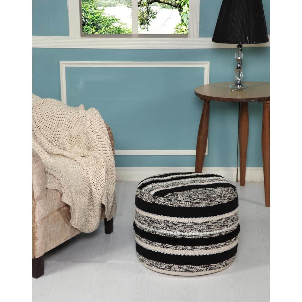 Chic Monochrome Striped Cotton Round Pouf, Black & Natural, 18"x14"