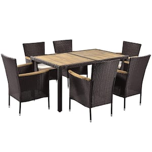 Patio 7 Piece Wicker Outdoor Dining Set, Acacia Wood Top Dining Table and Arm Chairs with Beige Cushions, Brown