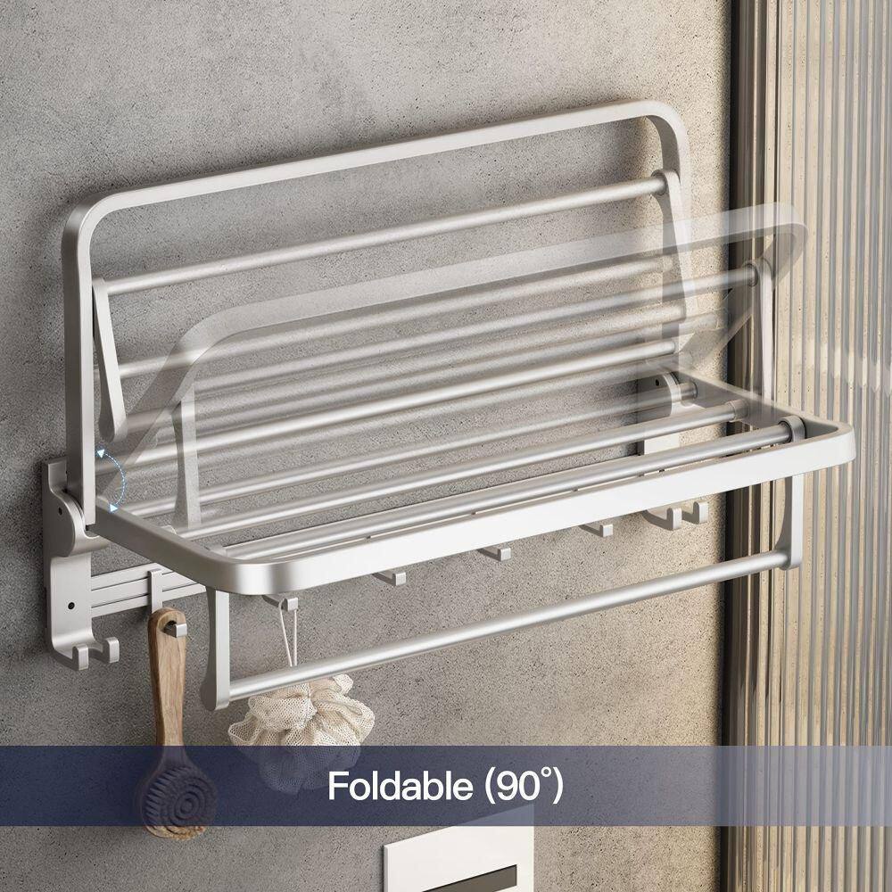 Silver Wall-Mounted Foldable Towel Rack with Hooks