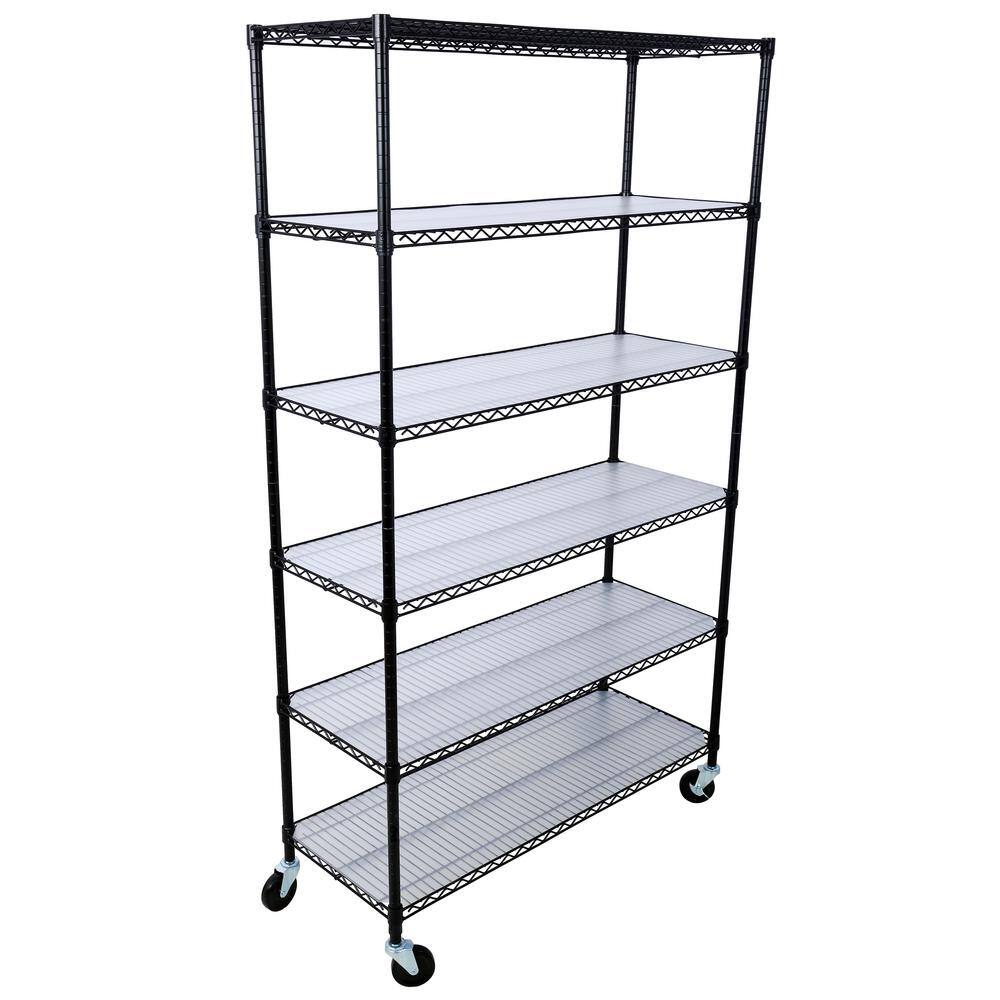Black Heavy Duty 6-Tier Adjustable Metal Storage Rack with Wheels