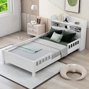 White Wood Frame Twin Size Platform Bed with Guardrail, Storage Headboard and Built-in LED Light