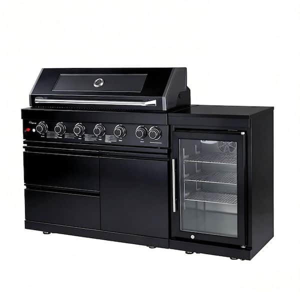 6-Burner Propane Outdoor Kitchen Grill Island with Black Fridge and Granite Countertop in Stainless Steel