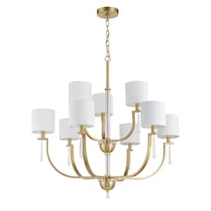 Fortuna 9-Light Satin Brass Finish with White Linen Shade Transitional Chandelier for Kitchen Dining Foyer No Bulb Incld