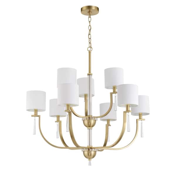 CRAFTMADE Fortuna 9-Light Satin Brass Finish with White Linen Shade Transitional Chandelier for Kitchen Dining Foyer No Bulb Incld