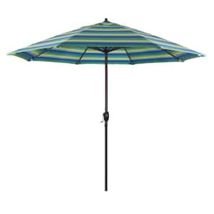 9 ft. Bronze Aluminum Pole Market Aluminum Ribs Auto Tilt Crank Lift Patio Umbrella in Seville Seaside Sunbrella