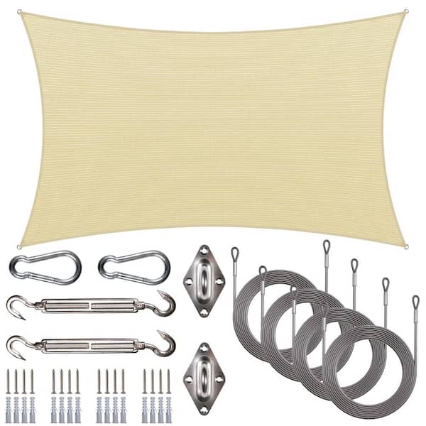 Unbranded 8 ft. x 12 ft. Rectangle Sun Shade Sail with Hardware Kit and Rope-Beige