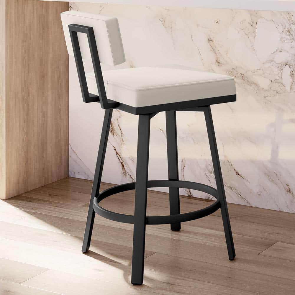 Staten Off White Faux Leather Swivel Counter Stool with Black Metal Frame
