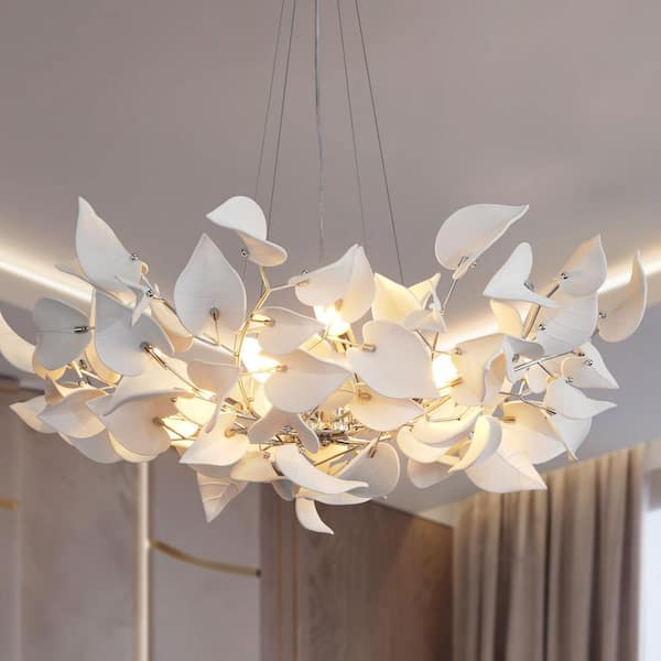 39" 8-Light Luxury Silver Round Chandelier, Modern Ceramic Leaf Branch Chandelier for Living Room, Dinning Room, Foyer