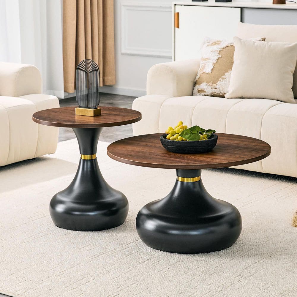 2-Piece 27.5 in. and 19.6 in. Walnut Modern Gourd Shaped Nesting Coffee Table Set, Black Metal Base Wood End Table